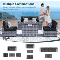 Hot-Sell! 13 Piece Patio Furniture Set with Fire Pit Table, 8''Wide Armrest Modular Rattan Outdoor Sectional Sofa Set,Grey/Black