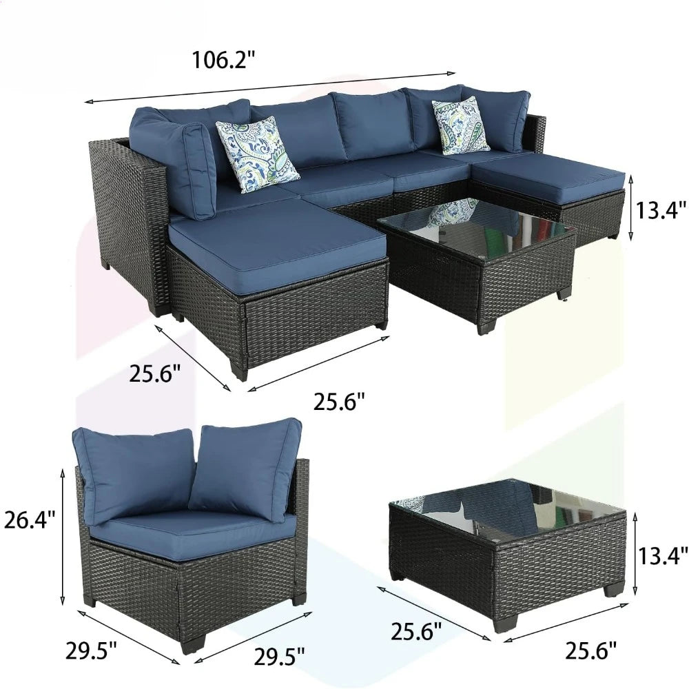 Garden Furniture 7 Pieces Set, Patio Furniture PE Wicker Sets with Washable Cushions Glas Coffee Table, Garden Furniture Set