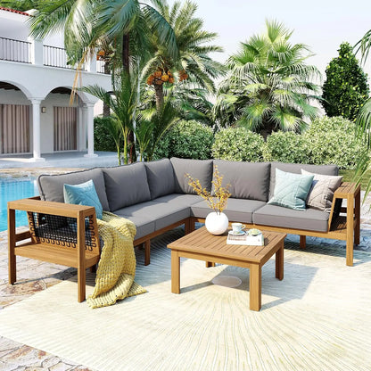 Acacia Wood 4pc Outdoor Sectional Sofa Set with Cushions and Slatted Design - Modern Patio, Deck & Garden Seating, Customized