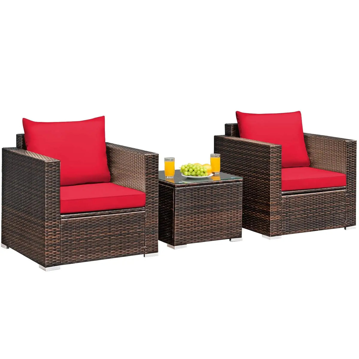 3 Pieces Patio Furniture Set, Outdoor Conversation Rattan Furniture Set w/Washable Cushion and Tempered Glass Tabletop, PE Ratta