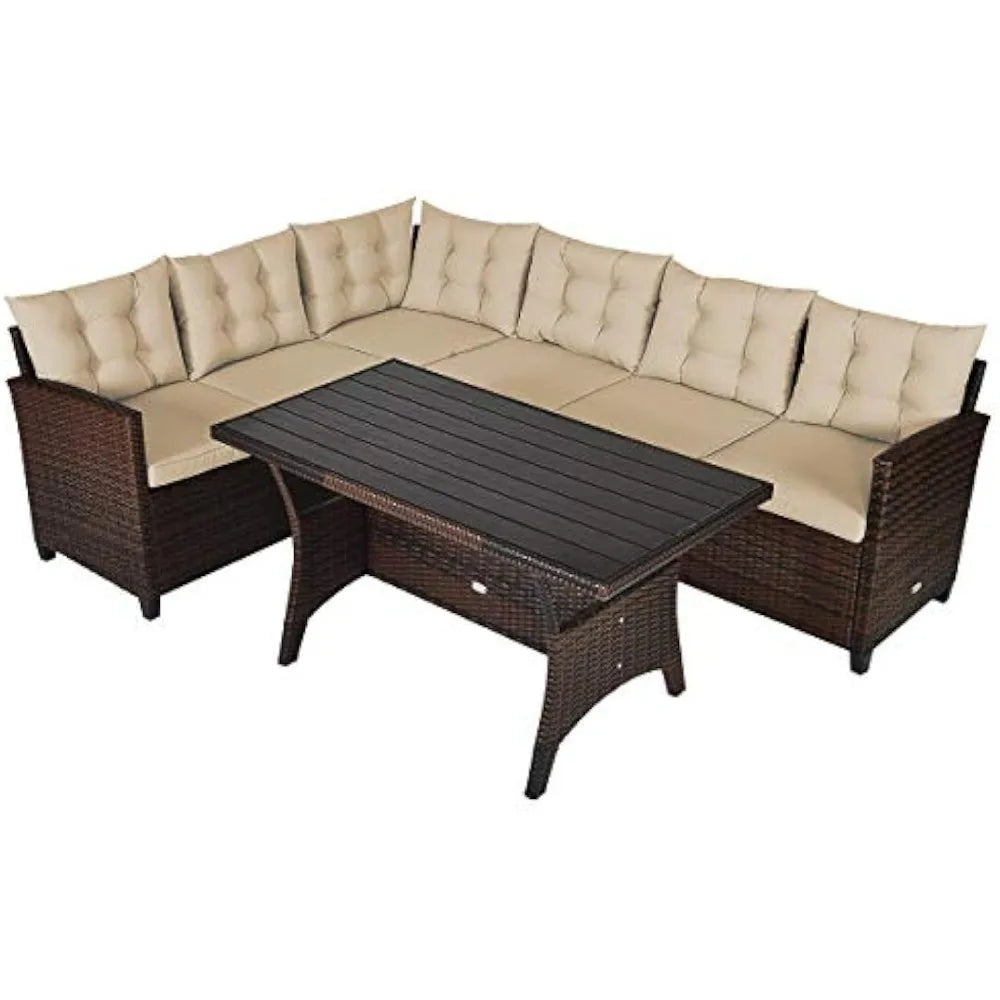 3-Piece Outdoor Patio Furniture Set Rattan Wicker Sofa Set with Seat & Back Cushions, Manual Weaving Conversation Set with Coff