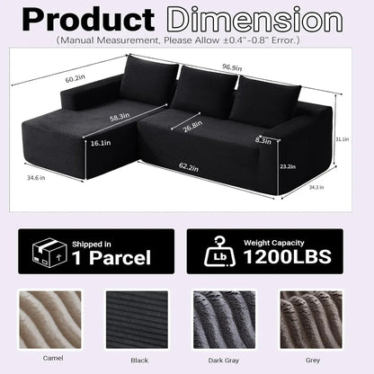 97" Modular Sectional Sofa L-Shape Chaise Deep Seat Corduroy Foam Living Room Left Facing No Assembly Black, Custom