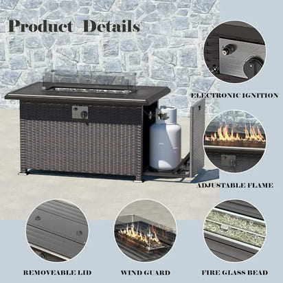 8 Piece Outdoor Patio Furniture Set with Gas Fire Pit Table, 55,000 BTU Auto-Ignition Firepit w/Glass Wind Guard