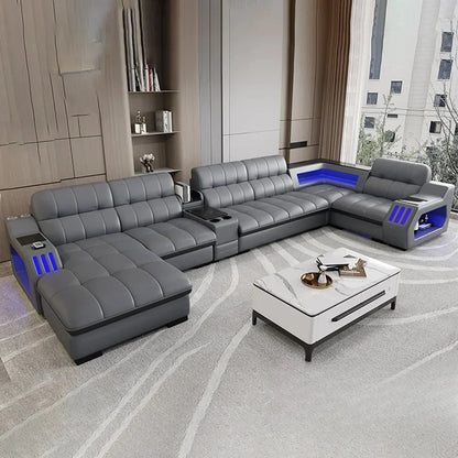 Modern Sectional Sofa Bed with LED Light, Electric Recliner and Massage，Living Room Genuine Leather Couch
