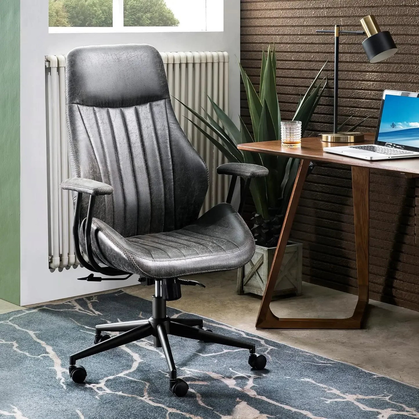 Mid-Century Modern Leather Chair，Ergonomic Home Office Chair with Lumbar Support, High Back Swivel Rolling Executive Chair