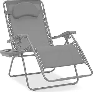 Oversized Zero Gravity Chair, Folding Outdoor Patio Lounge Recliner w/Cup Holder Accessory Tray, Pillow - Gray