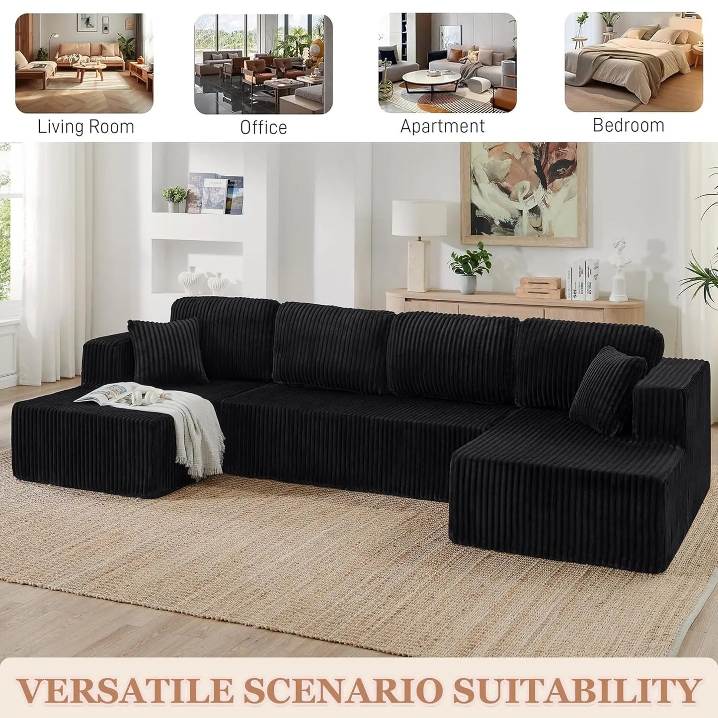 Modern Minimalist Sectional Sofa: L-Shape Cloud Couch with Deep Seats Right Chaise - Black