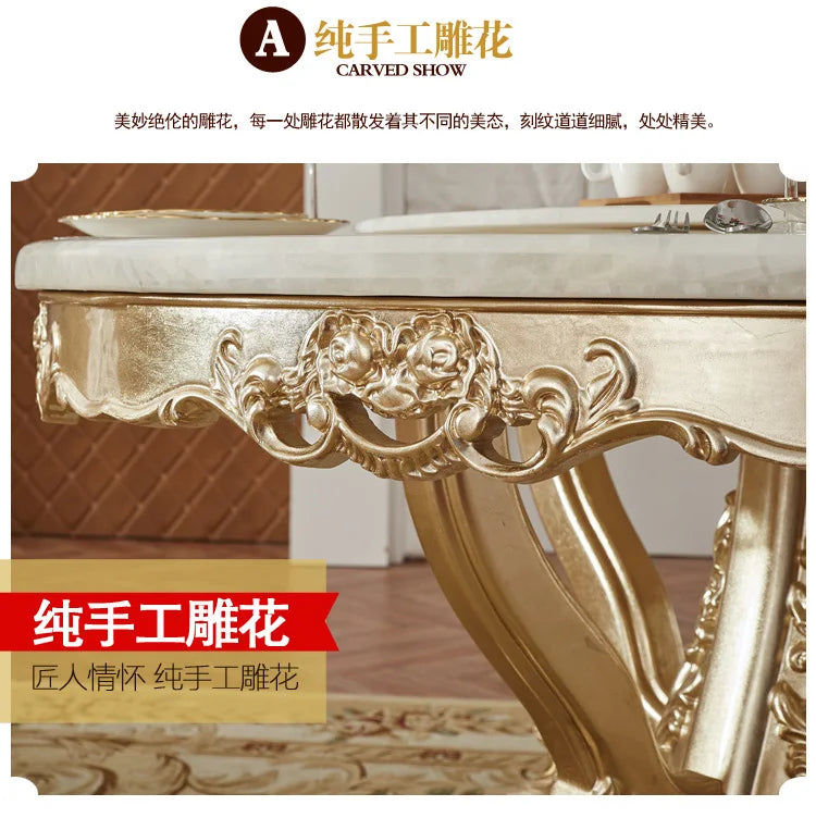 European white ice jade marble gold round dining table and chair combination European luxury solid wood dining table