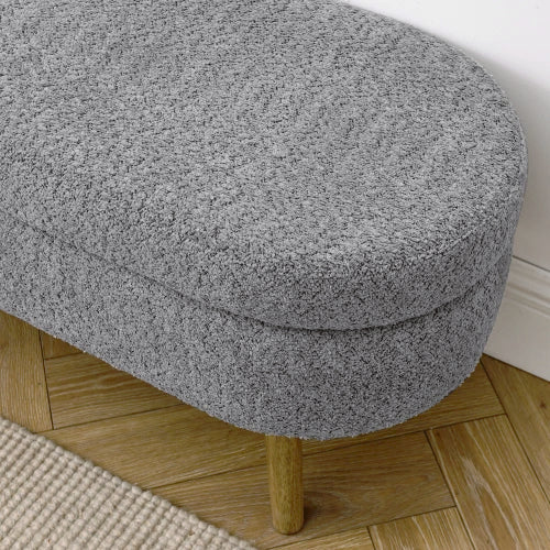 43.8" Boucle Storage Ottoman Bench, 300 Lb Capacity, Upholstered, Safety Hinge, Flip-Top Oval Foot Rest With Wood Legs