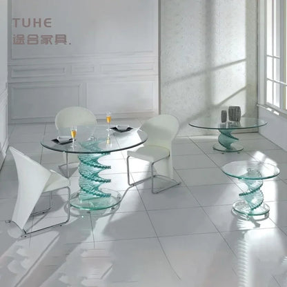 Italian Style Solid Wood Dining Table Light Luxury Curved Round Table Tempered Glass Living Room Hotel Personalized Dining Table