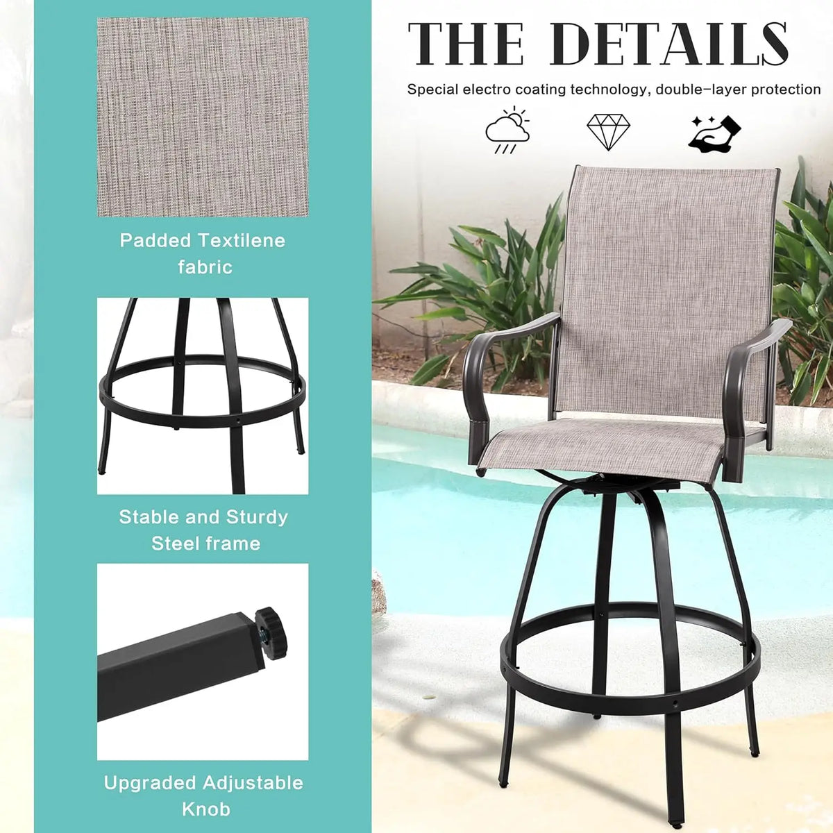 All-Weather Metal Textile High Swivel Bar Stools, 2-Piece Patio Swivel Chairs, Outdoor Bistro Set for Backyard