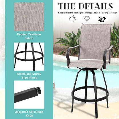 All-Weather Metal Textile High Swivel Bar Stools, 2-Piece Patio Swivel Chairs, Outdoor Bistro Set for Backyard