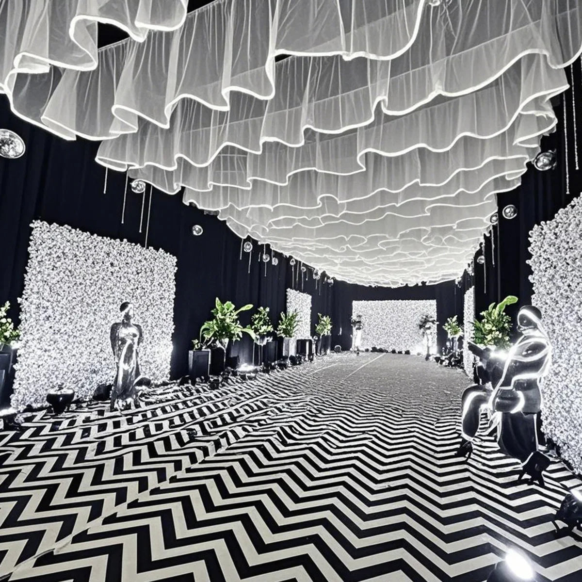 5M White Gauze Curtain Ceiling Decoration Wave Gauze Cloth with Light String Wedding Christmas Atmosphere Decoration Props