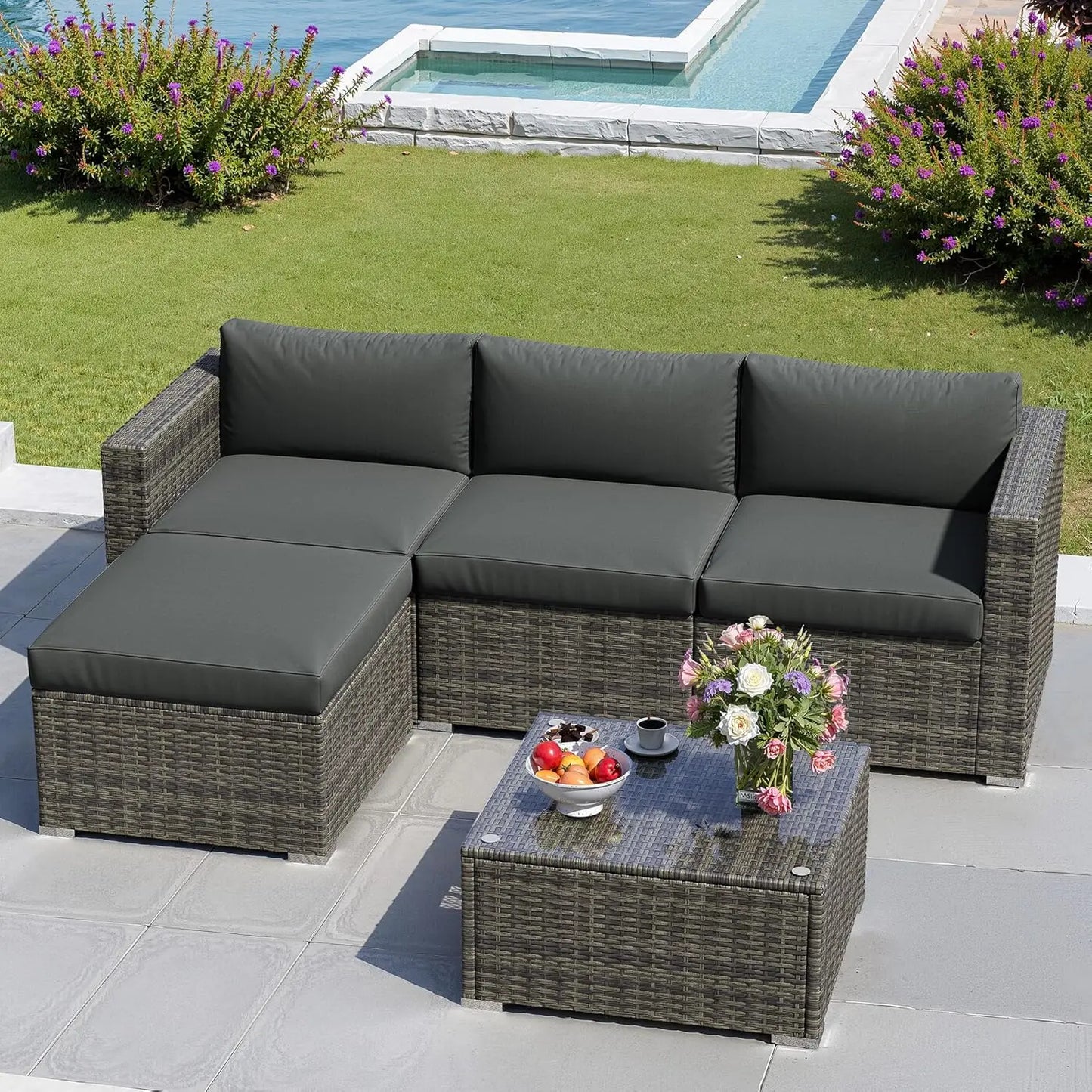 Seven Piece Patio Set, Outdoor Furniture With Glass Tea Table, PE Rattan Wicker Conversation Group, Includes Washable Cushions
