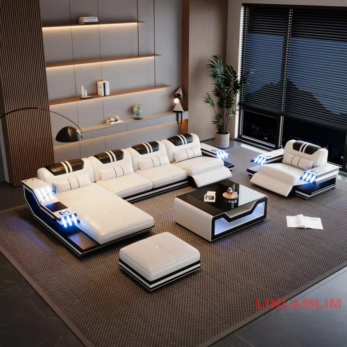 Convertible Genuine Leather Sectional Sofa Bed with Adjustable Headrests, Electric Recliners, Storage, Speakers, USB & LED Light
