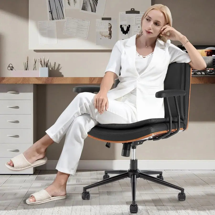 Office Desk Chair with Armrests amp Wheels, Modern Walnut Swivel Rolling Executive Task Chair, PU Leather Vanity Chair with Lumb
