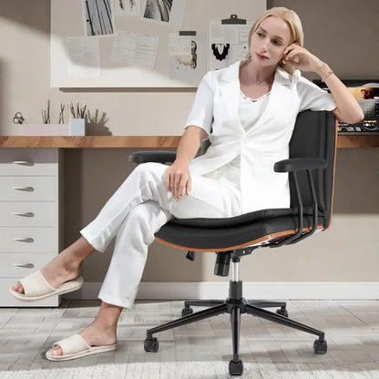 Office Desk Chair with Armrests amp Wheels, Modern Walnut Swivel Rolling Executive Task Chair, PU Leather Vanity Chair with Lumb