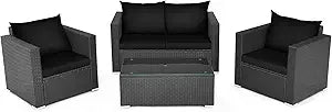 4-Piece Patio Rattan Furniture Set, Cushioned Sofa Chair, Loveseat and Coffee Table with Tempered Glass Top, Outdoor Conversati