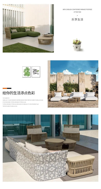 Outdoor rattan sofa combination outdoor open-air waterproof sunscreen rattan tables and chairs villa home leisure garden