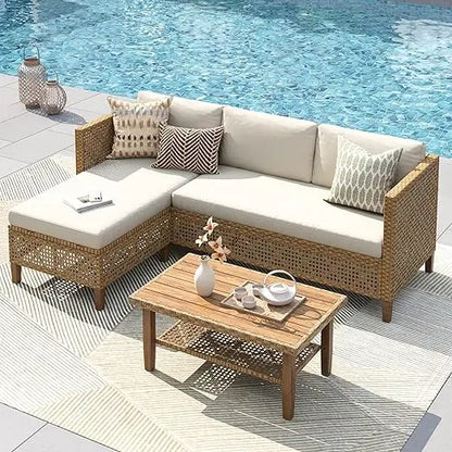 Wicker Patio Furniture Set, Sectional Outdoor Sofa with Cushions and Acacia Wood Coffee Table, L-Shaped Small Patio Co