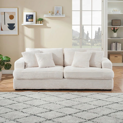 88.58\" White Corduroy 3-Seat Modern Living Room Sofa Spacious & Comfortable with 4 Elegant White Throw Pillows