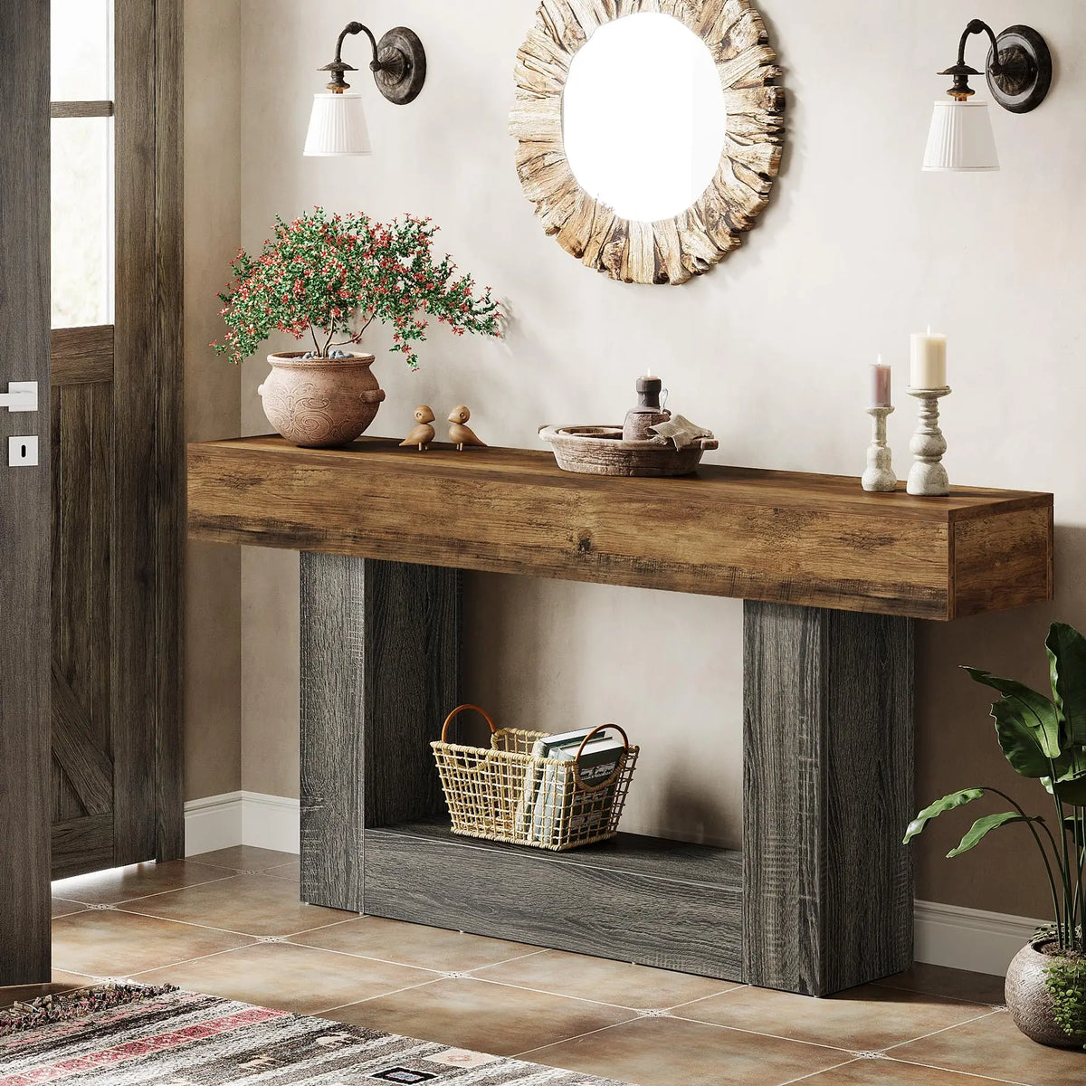 Rustic 2-Tier 63 Console Table with Storage for Entryway, Living Room, and Hallway in Brown & Gray