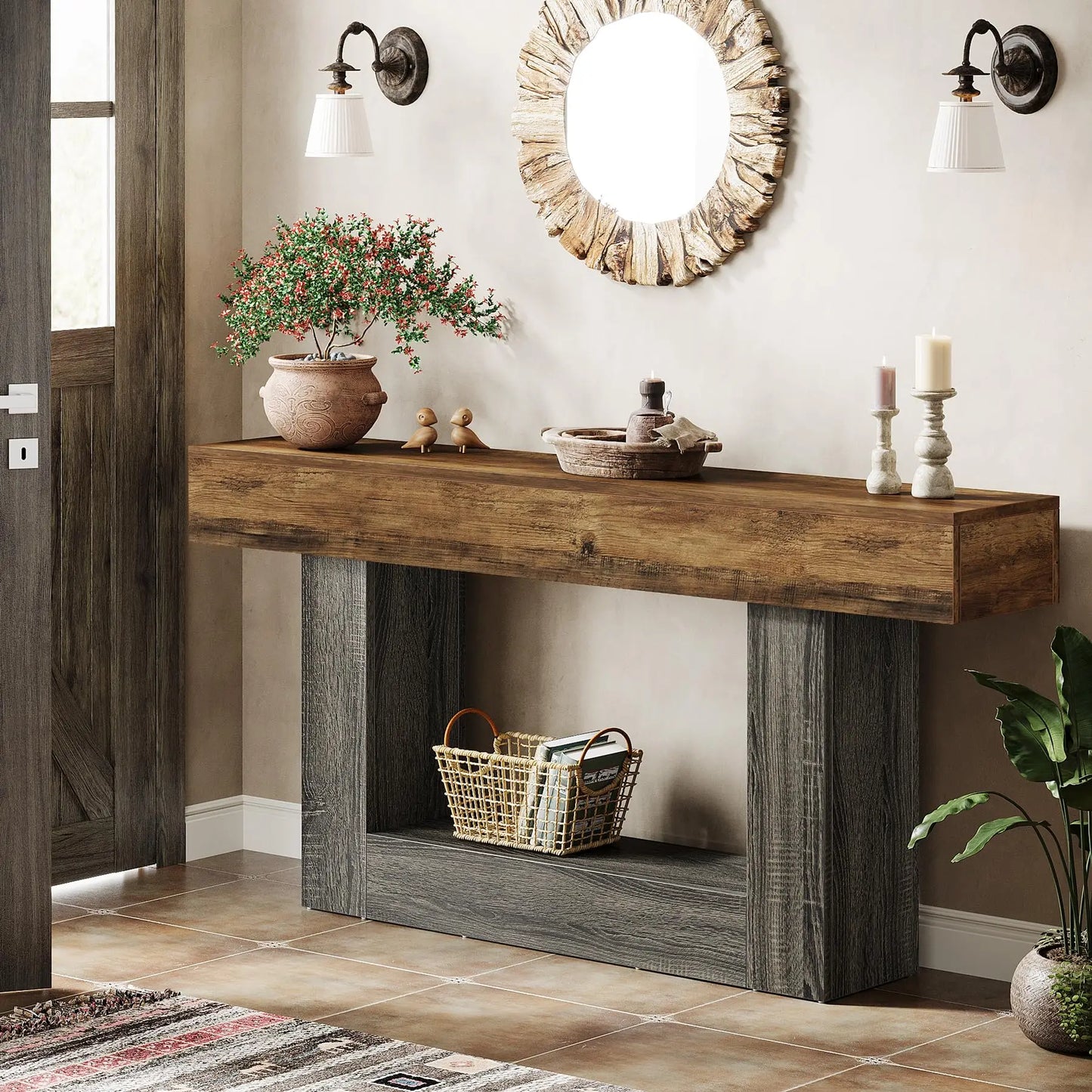 Rustic 2-Tier 63 Console Table with Storage for Entryway, Living Room, and Hallway in Brown & Gray