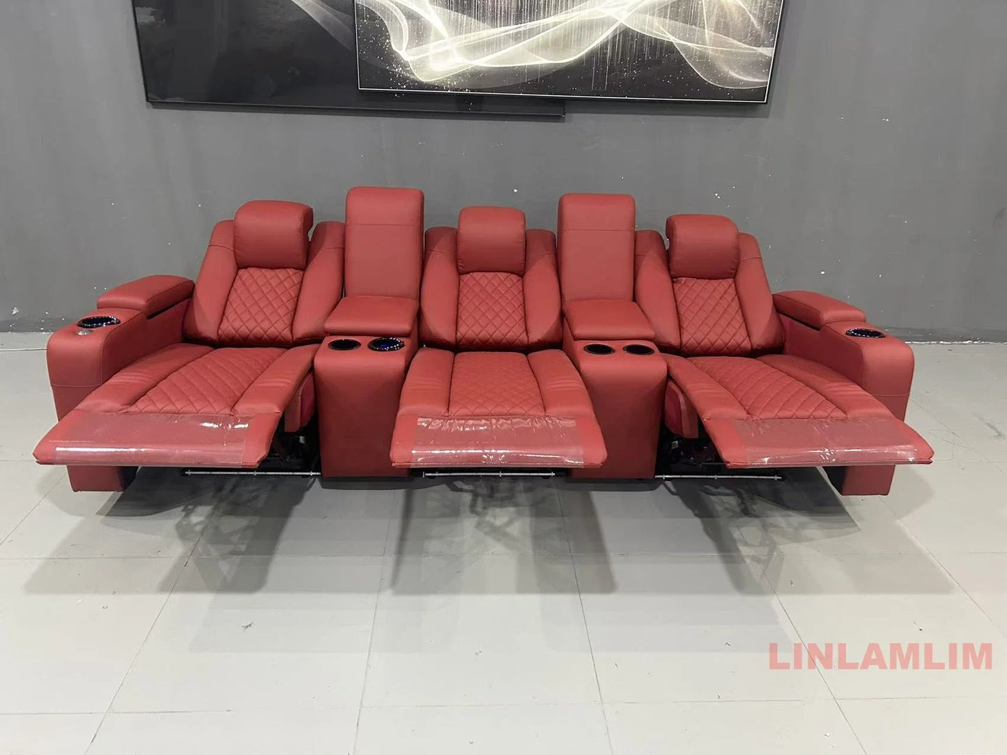 Linlamlim Luxury 3-Seat Recliner Sofa with Cup Holders, Leather Home Theater Seating, Cinema Recliner Couch with Center Console
