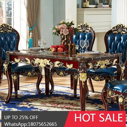 SGF European-style Marble Solid Wood Dining Table Carved Dining Table and Chair Set