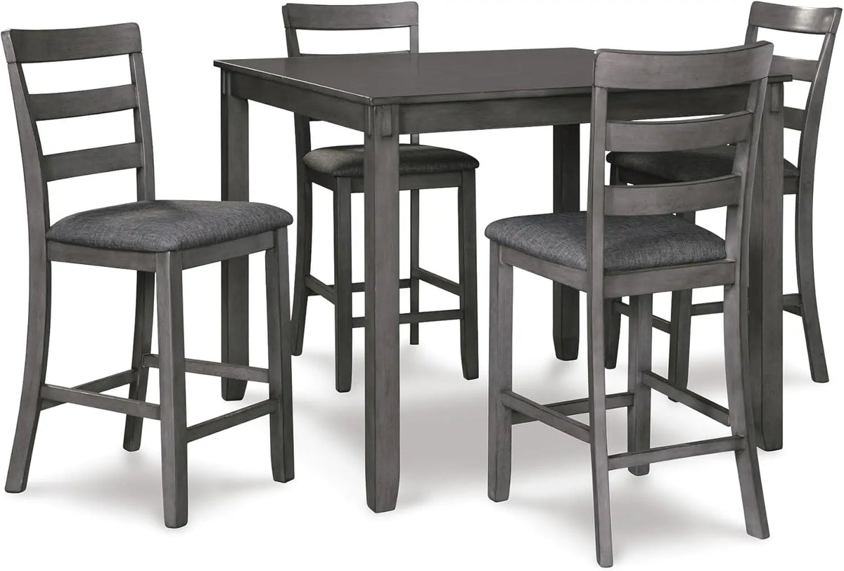 5-Piece Gray Wood Dining Set with Table & 4 Barstools, Counter-Height for Small Spaces