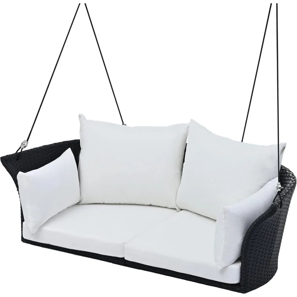 LEISURE ZONE Porch Swing with Ropes, 2-Person Hanging Swing Seat, Rattan Woven Swing Chair with Wicker and Cushion, Porch Swi