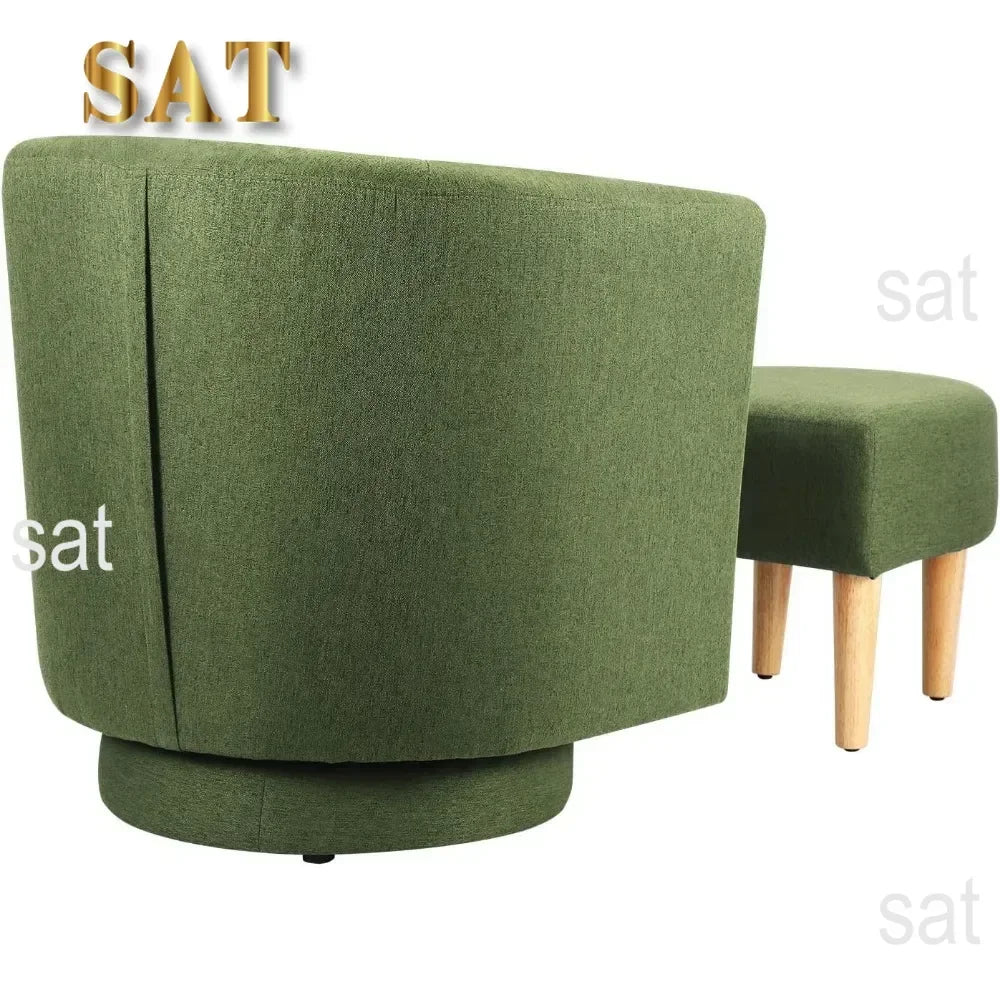 Chair Set of 2, Modern Swivel Chair with Ottoman, Comfy Armchair, Barrel Round Sofa Chair for Bedroom, Green