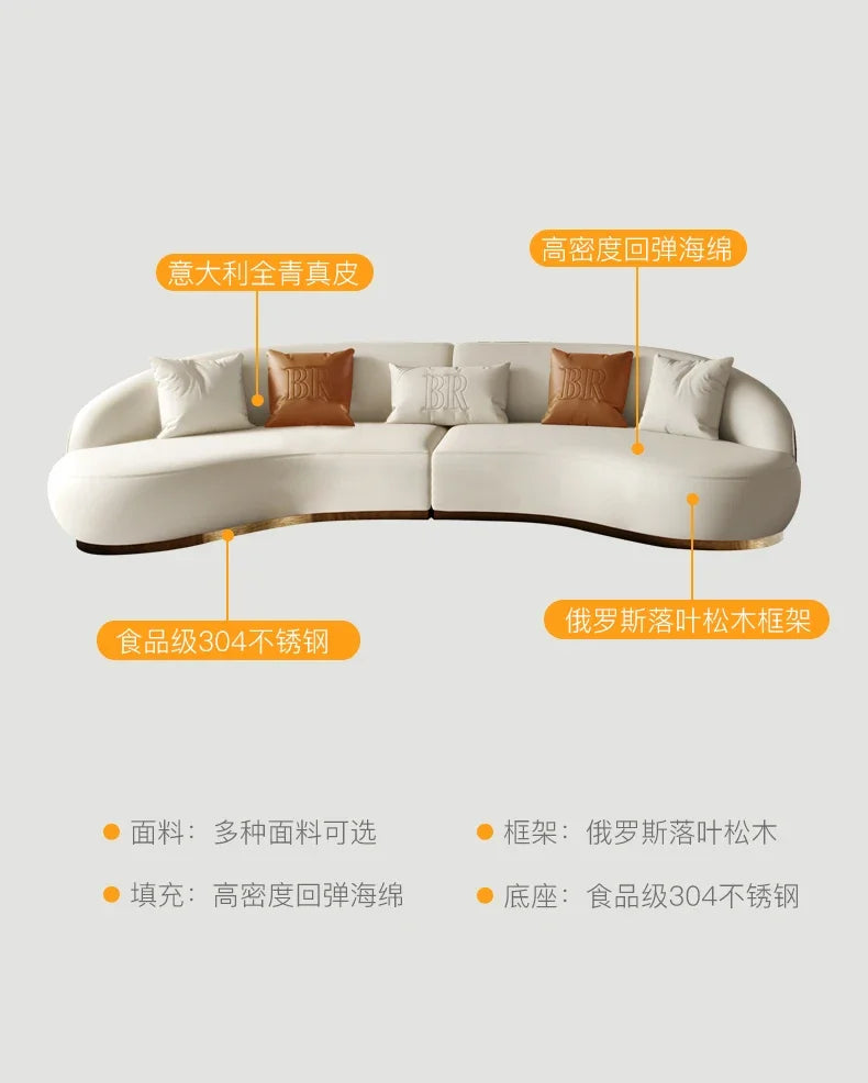 Two-color U-shaped villa leather sofa, modern light luxury semi-curved sofa