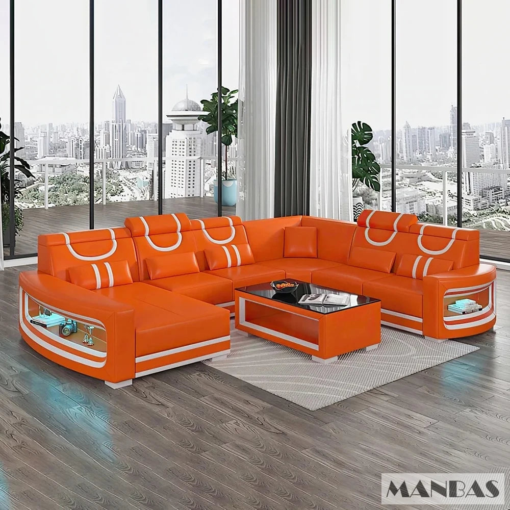 Upgrade Your Living Room with MANBAS Italian Genuine Leather Sofa - 2 Colors Combination, LED Light & Soft Cushions