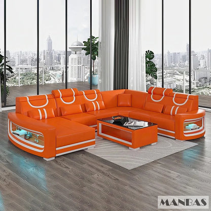 Upgrade Your Living Room with MANBAS Italian Genuine Leather Sofa - 2 Colors Combination, LED Light & Soft Cushions