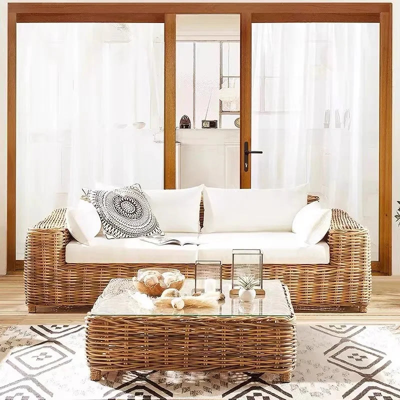 Outdoor sofa courtyard rattan chair three-piece indoor living room sofa combination villa rattan sofa chair sunscreen furniture