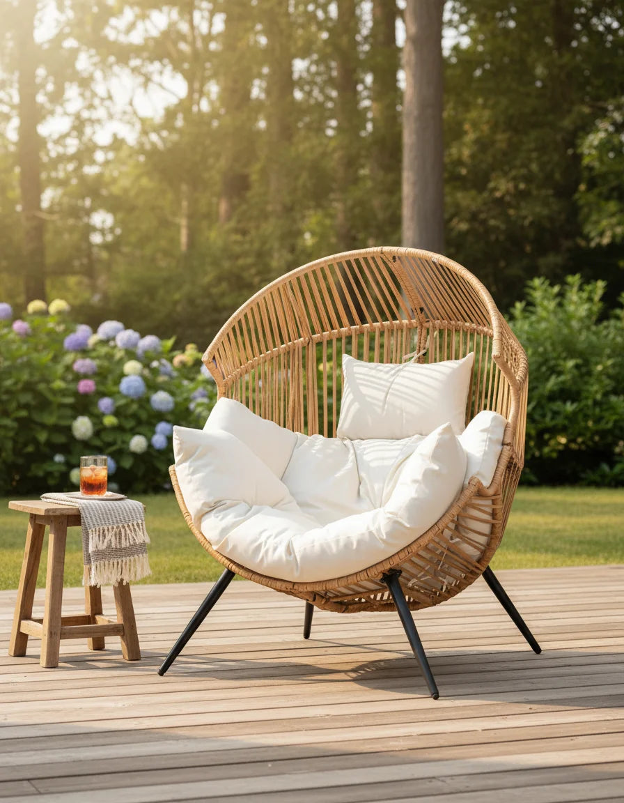 Oversized Wicker Egg Chair with Cushion, Indoor Outdoor Patio Lounger for Living Room Bedroom Balcony