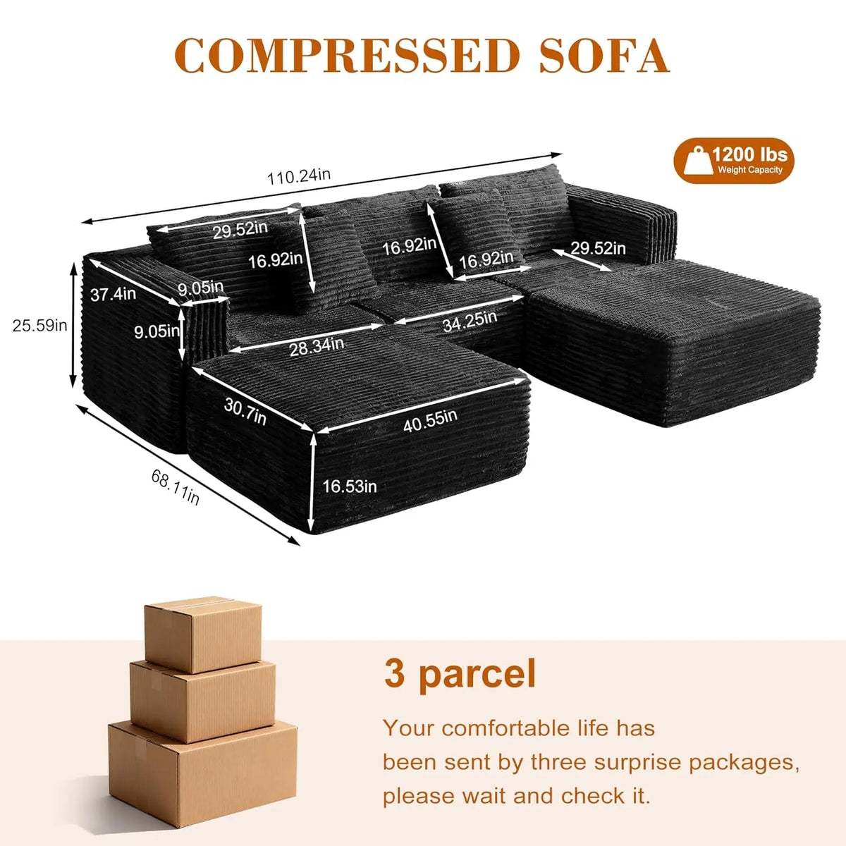 110 Corduroy Modular Sectional Boneless Sofa with 2 Ottomans, Convertible Cloud Couch with Deep Seats, Fluffy Memory Foam U Shap