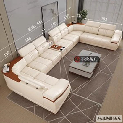 Elegant Leather Sectional Sofas Sets with Cup Holder, Adjustable Headrests & Bluetooth Speaker - MINGDIBAO Living Room Couches