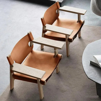 Nordic Solid Wood Design Saddle Leather Hunting Chair Living Room Balcony Wabi Sabi Single Deck Chair