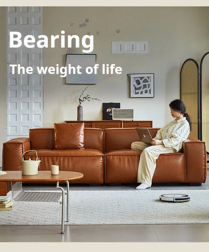 French Vintage Three-Person Genuine Leather Sofa Set in Ancient Caramel Tone for Small Living Rooms or Apartments