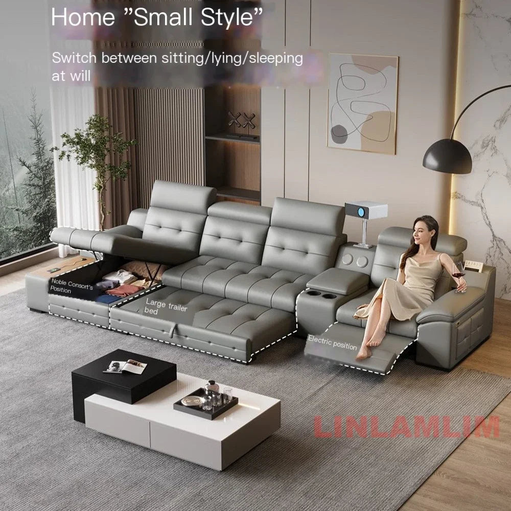 Electric Reclining Sectional Sofa Bed with Cup Holder & Adjustable Headrests – Italian Genuine Leather Convertible Sleeper Couch