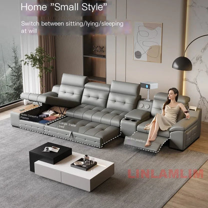 Electric Reclining Sectional Sofa Bed with Cup Holder & Adjustable Headrests – Italian Genuine Leather Convertible Sleeper Couch