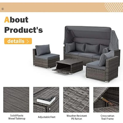 Y 6 Pieces Patio Furniture Sets, Rattan Daybed with Retractable Canopy, Outdoor Sectional Sofa Set with Adjustable Backrest