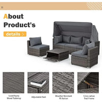 Y 6 Pieces Patio Furniture Sets, Rattan Daybed with Retractable Canopy, Outdoor Sectional Sofa Set with Adjustable Backrest