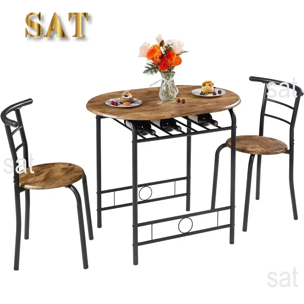 v 3 Piece Small Round Dining Table Set for Kitchen Breakfast Nook, Wood Grain Tabletop with Wine Storage Rack, Save Space, 31.