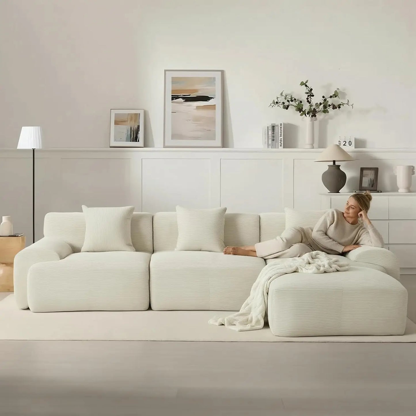 120" Cloud Modular Sectional Couch,Boneless Sofa,L-Shape Upholstered Sofas with Deep Seat,Modern Cozy Corduroy, Customized