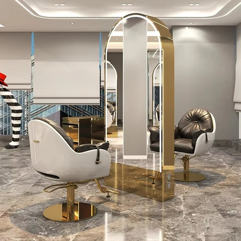 Salon Furniture Led Light Gold Frame Double Sided Barber Station Modern Hair Salon Mirrors Designs