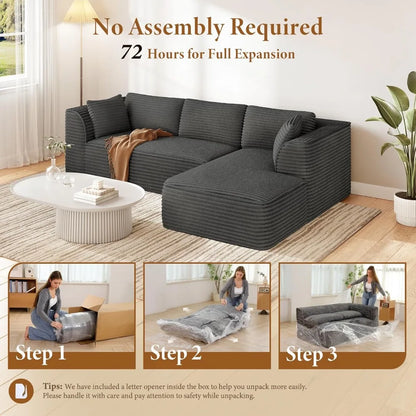 106" Cloud Couch with Chaise, Deep Seat Fluffy Modular Sectional Sofa Corduroy Memory Foam Boneless Couches for Living Room