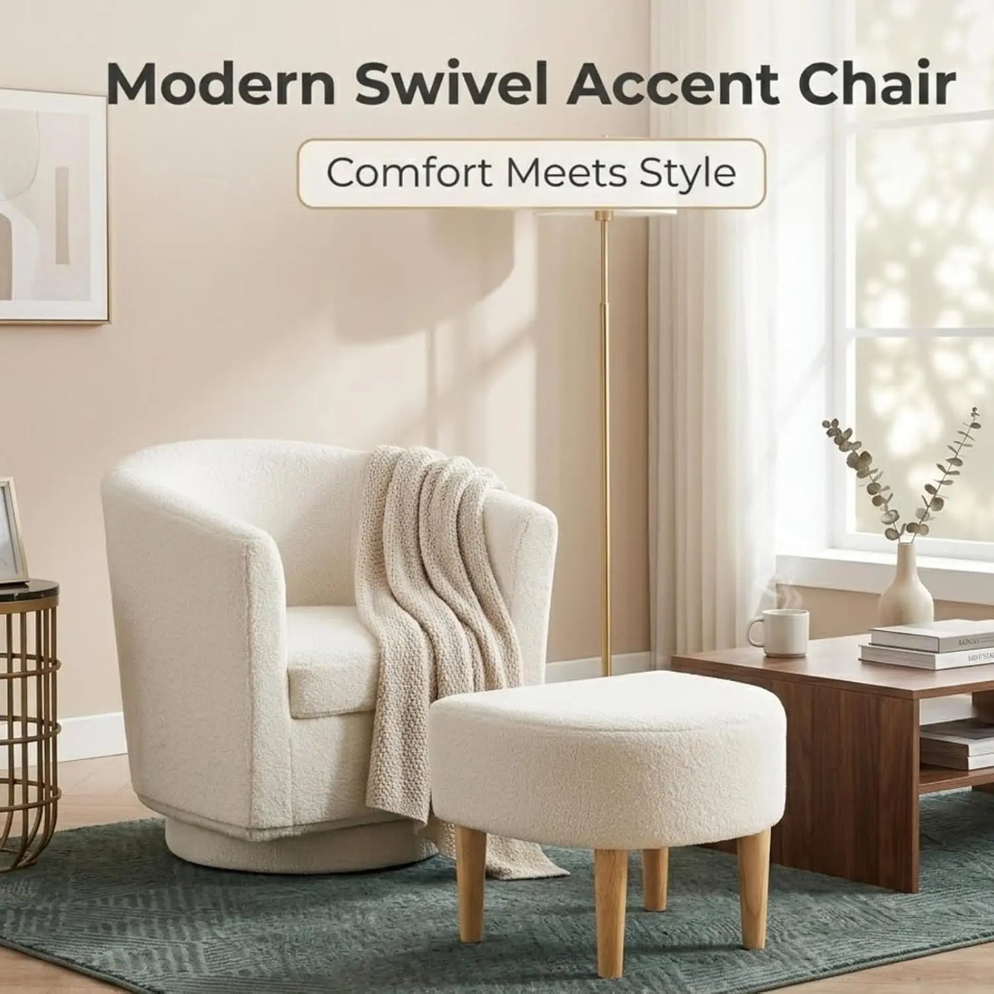 White Swivel Accent Chair with Ottoman, Modern Barrel Living Room Chair with 360° Swivel Base, Upholstered Armchair, Customized